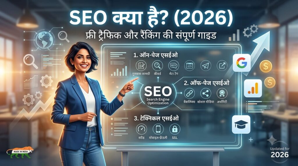 SEO kya hai in Hindi banner showing On-Page, Off-Page and Technical SEO guide for 2026